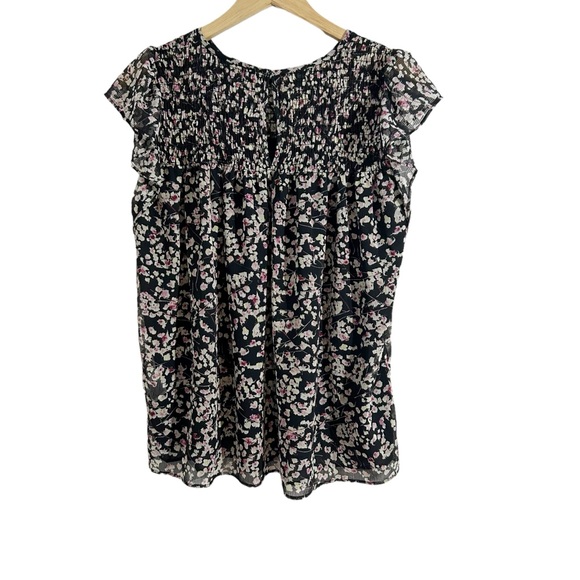 Banana Republic Medium Black Micro Floral Striped Smocked Ruffle Blouse - Picture 3 of 11